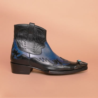 Men's Black and Blue Leather Cowboy Ankle Boots – Side Zip & Buckle