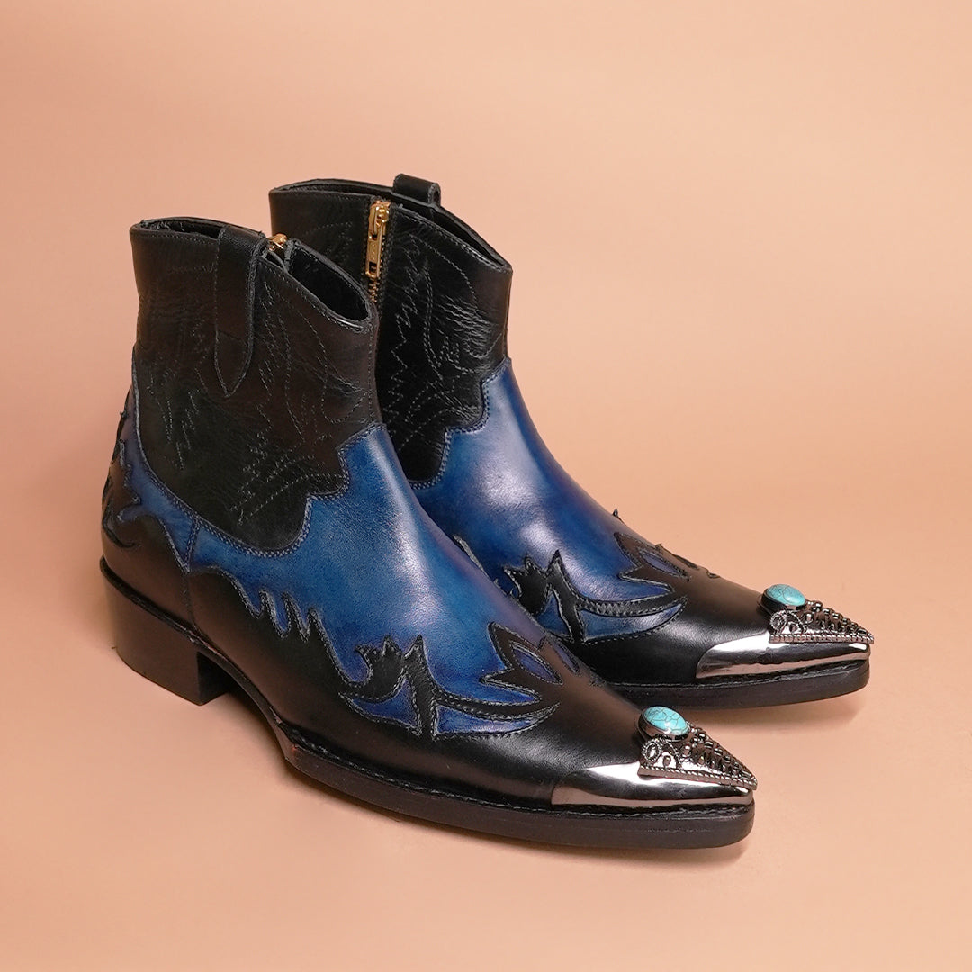 Men's Black and Blue Leather Cowboy Ankle Boots – Side Zip & Buckle