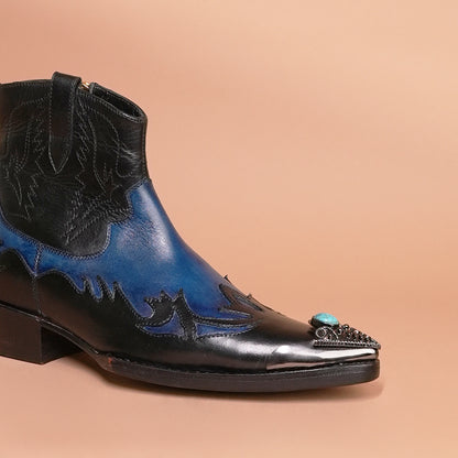 Men's Black and Blue Leather Cowboy Ankle Boots – Side Zip & Buckle