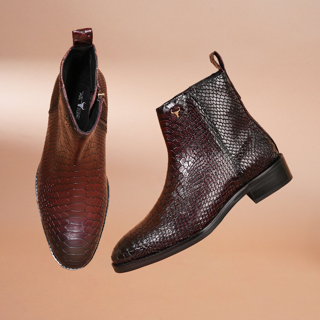 Premium Chestnut Leather Chelsea Boots with Side Zipper Cherry