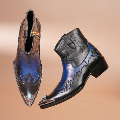 Men's Black and Blue Leather Cowboy Ankle Boots – Side Zip & Buckle