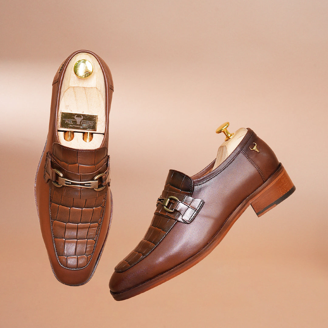 Luxury Brown Croc-Embossed Leather Loafers Shoes for Men - Handcrafted by Piel Cuero