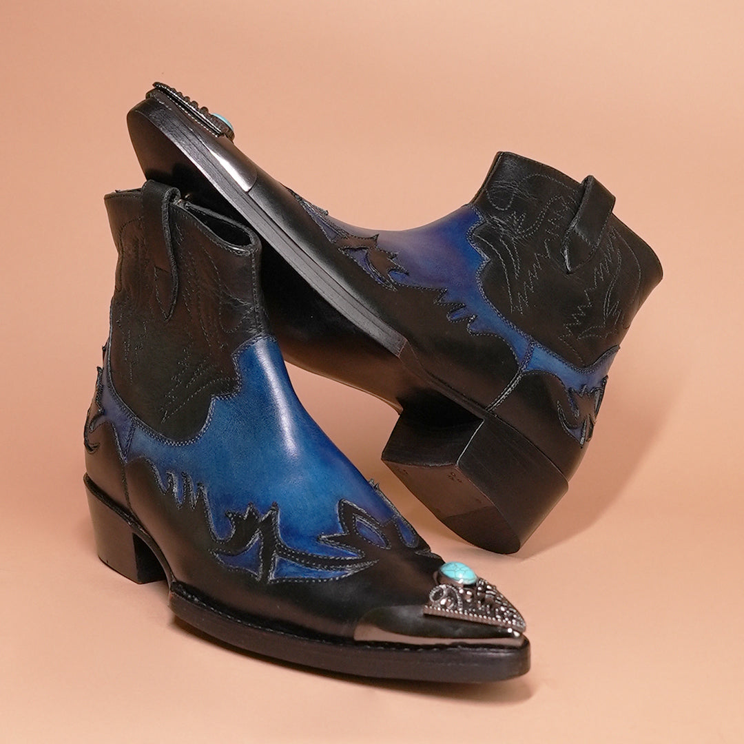 Men's Black and Blue Leather Cowboy Ankle Boots – Side Zip & Buckle