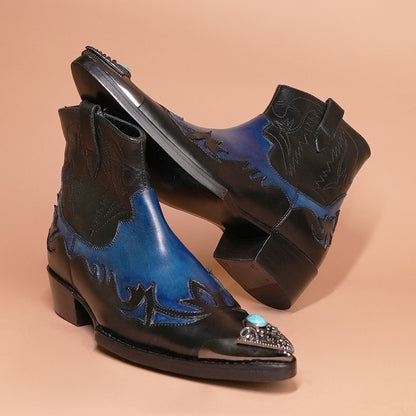 Men's Black and Blue Leather Cowboy Ankle Boots – Side Zip & Buckle