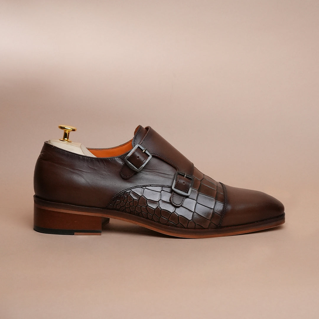 Piel Cuero Men's Brown Genuine Leather Double Monk Strap Shoes