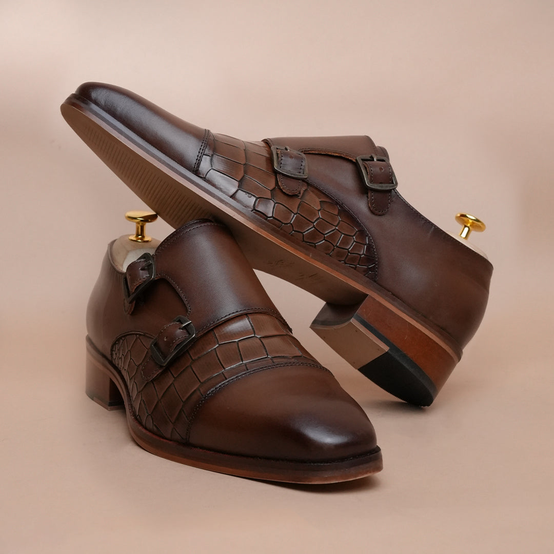Piel Cuero Men's Brown Genuine Leather Double Monk Strap Shoes