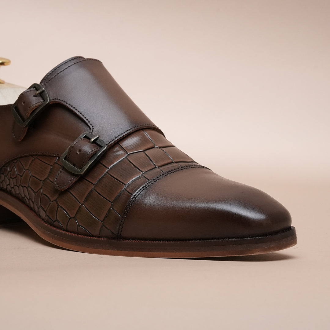 Piel Cuero Men's Brown Genuine Leather Double Monk Strap Shoes