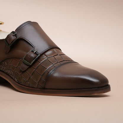 Piel Cuero Men's Brown Genuine Leather Double Monk Strap Shoes