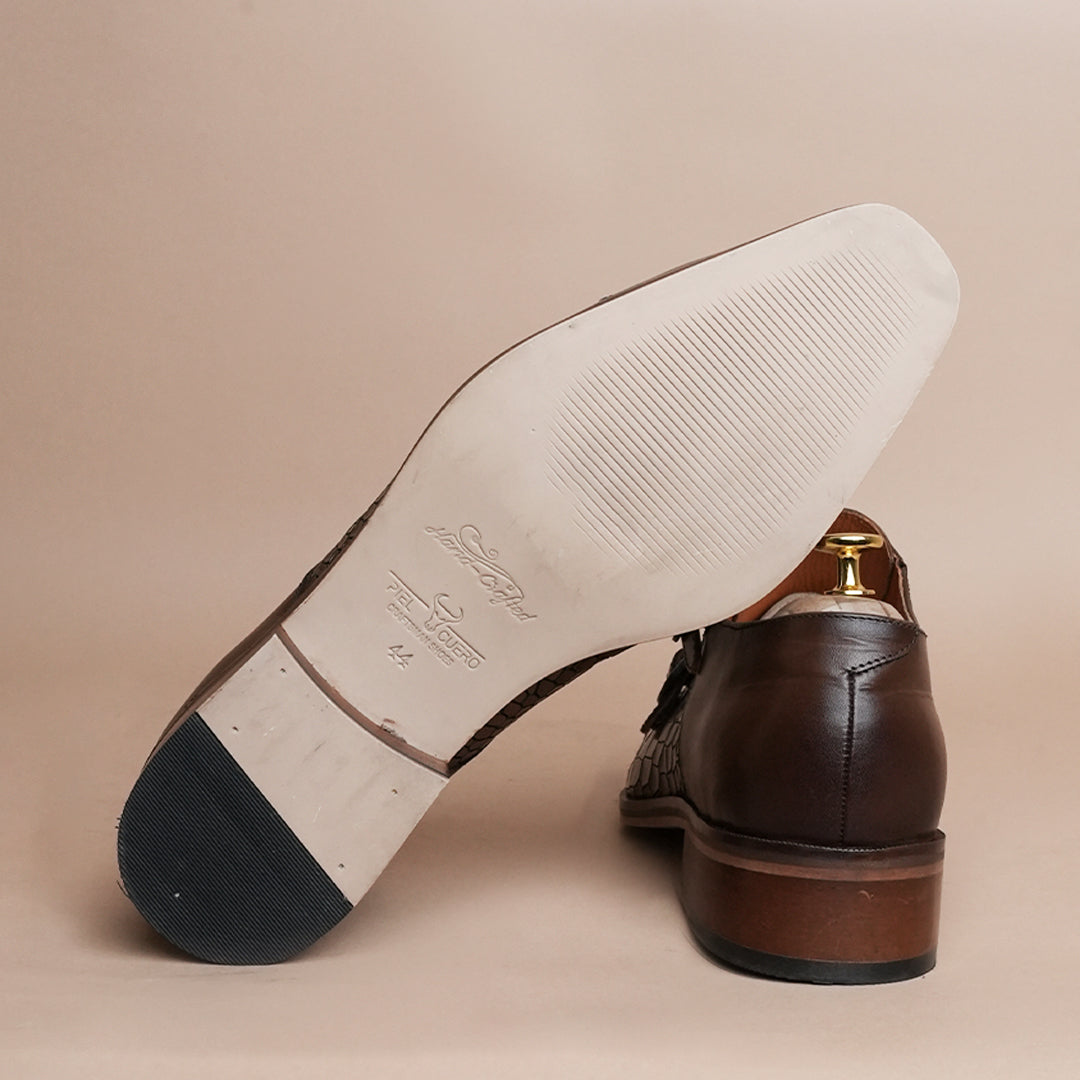 Piel Cuero Men's Brown Genuine Leather Double Monk Strap Shoes