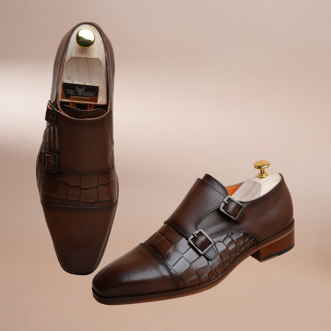 Piel Cuero Men's Brown Genuine Leather Double Monk Strap Shoes
