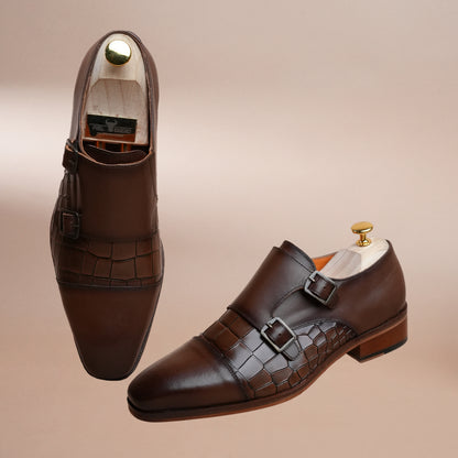 Piel Cuero Men's Brown Genuine Leather Double Monk Strap Shoes