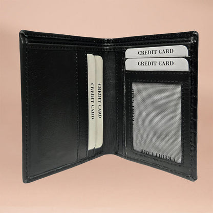 Piel Cuero Premium Black Leather Men's Bifold Wallet with Croc Texture, Card Slots & ID Window