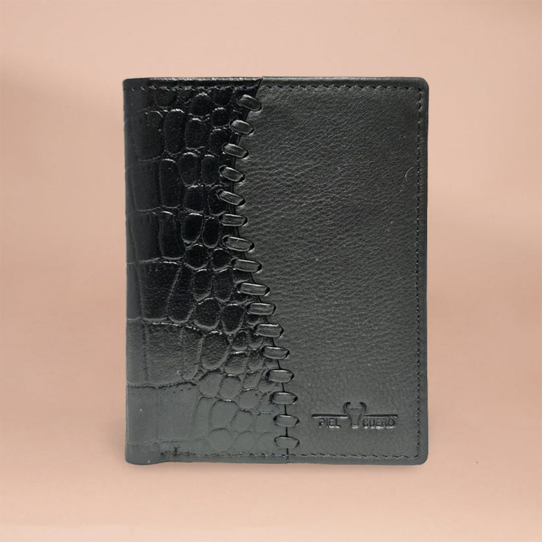Piel Cuero Premium Black Leather Men's Bifold Wallet with Croc Texture, Card Slots & ID Window