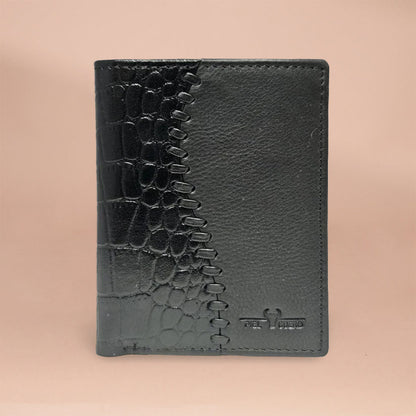 Piel Cuero Premium Black Leather Men's Bifold Wallet with Croc Texture, Card Slots & ID Window