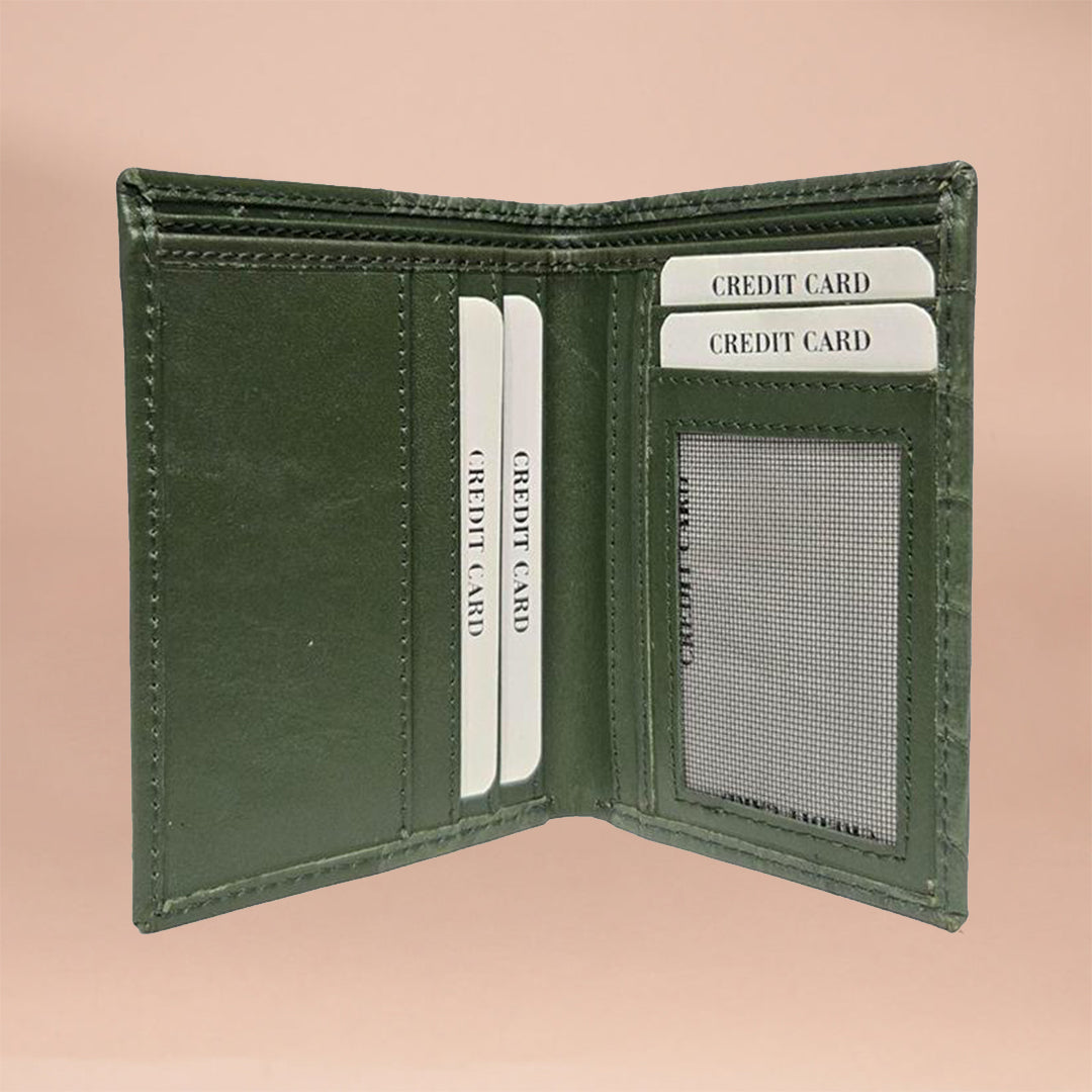 Piel Cuero Green Croc-Embossed Genuine Leather Wallet for Men | Bifold with ID Window