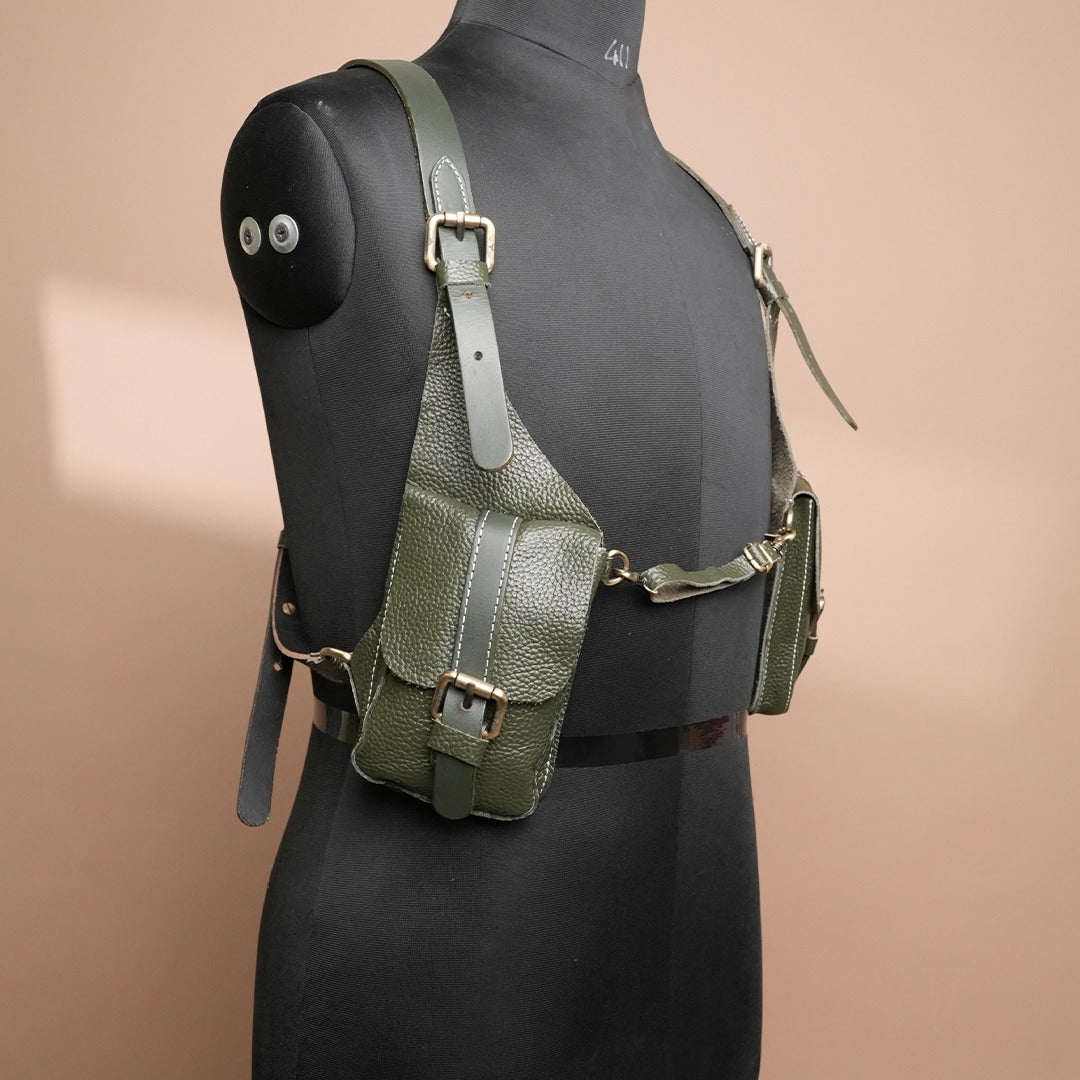 Handcrafted Green Leather Shoulder Harness Utility Bag by Piel Cuero