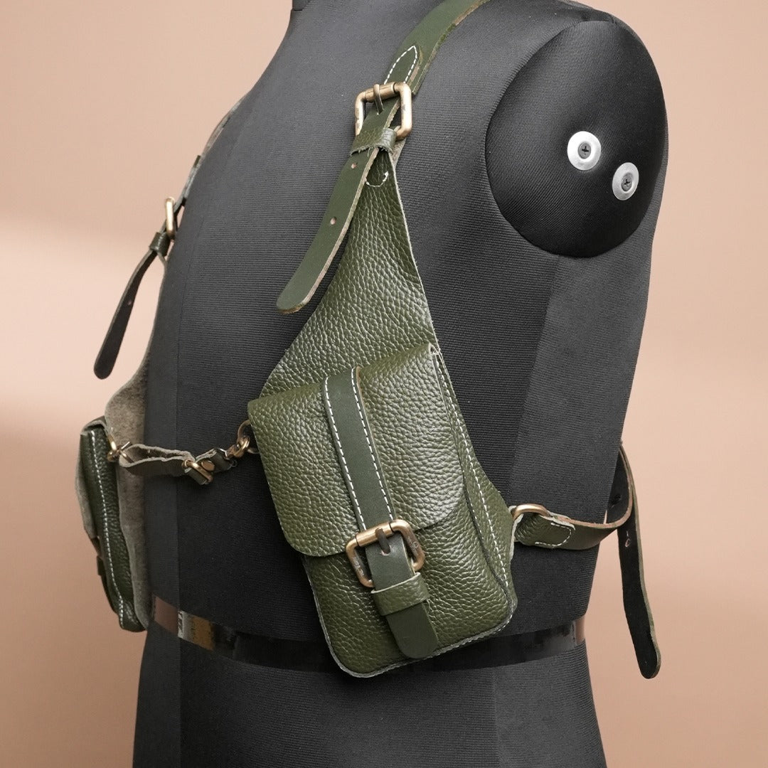 Handcrafted Green Leather Shoulder Harness Utility Bag by Piel Cuero