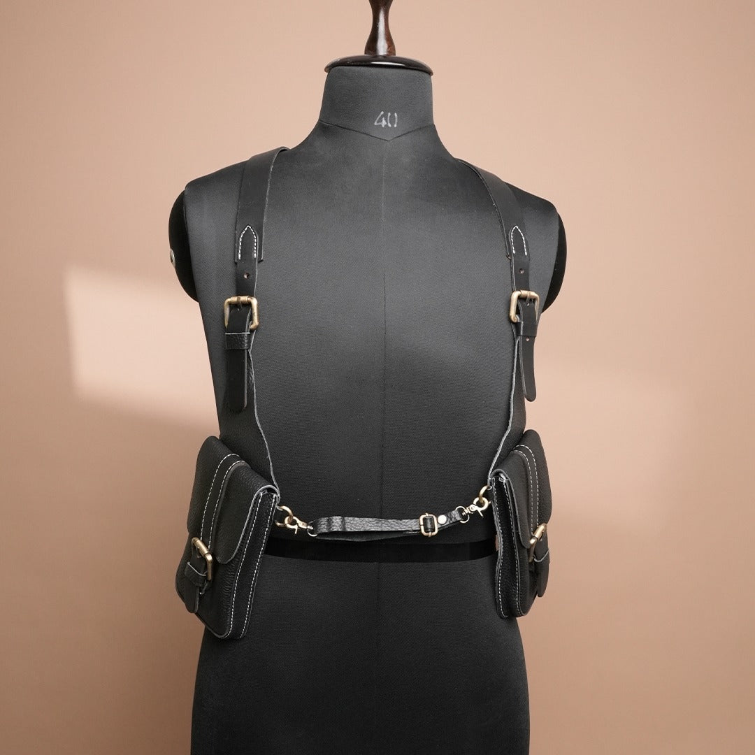 Handcrafted Black Leather Shoulder Harness Utility Bag by Piel Cuero