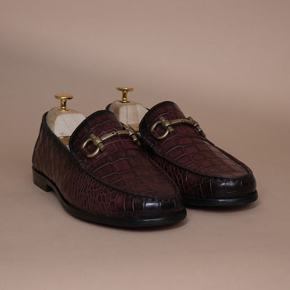 Piel Cuero Men’s Genuine Leather Horsebit Loafers | Burgundy Croc Texture Formal Slip-On Shoes
