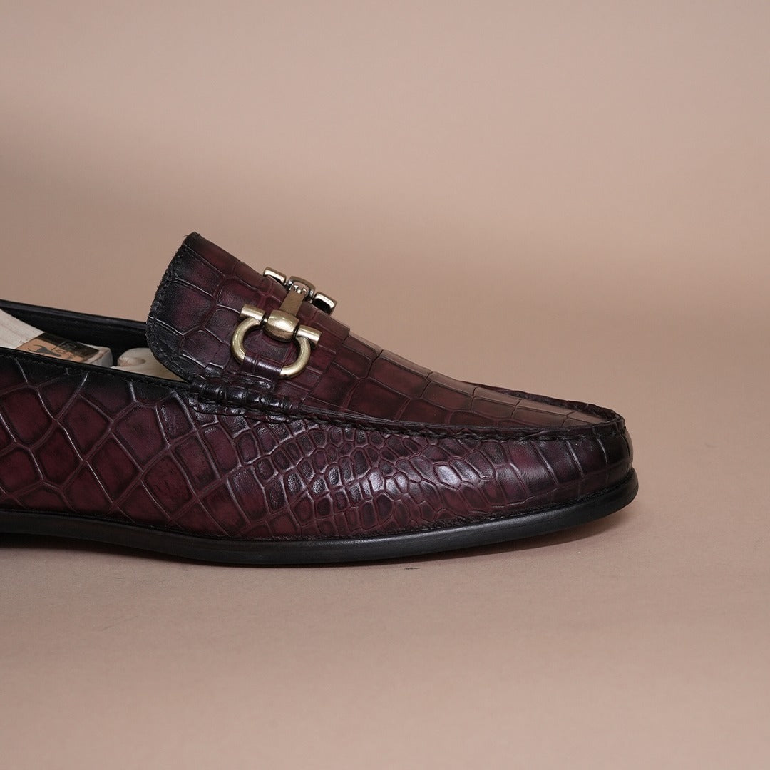 Piel Cuero Men’s Genuine Leather Horsebit Loafers | Burgundy Croc Texture Formal Slip-On Shoes