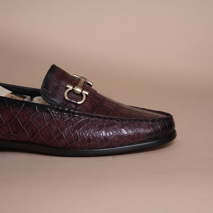 Piel Cuero Men’s Genuine Leather Horsebit Loafers | Burgundy Croc Texture Formal Slip-On Shoes