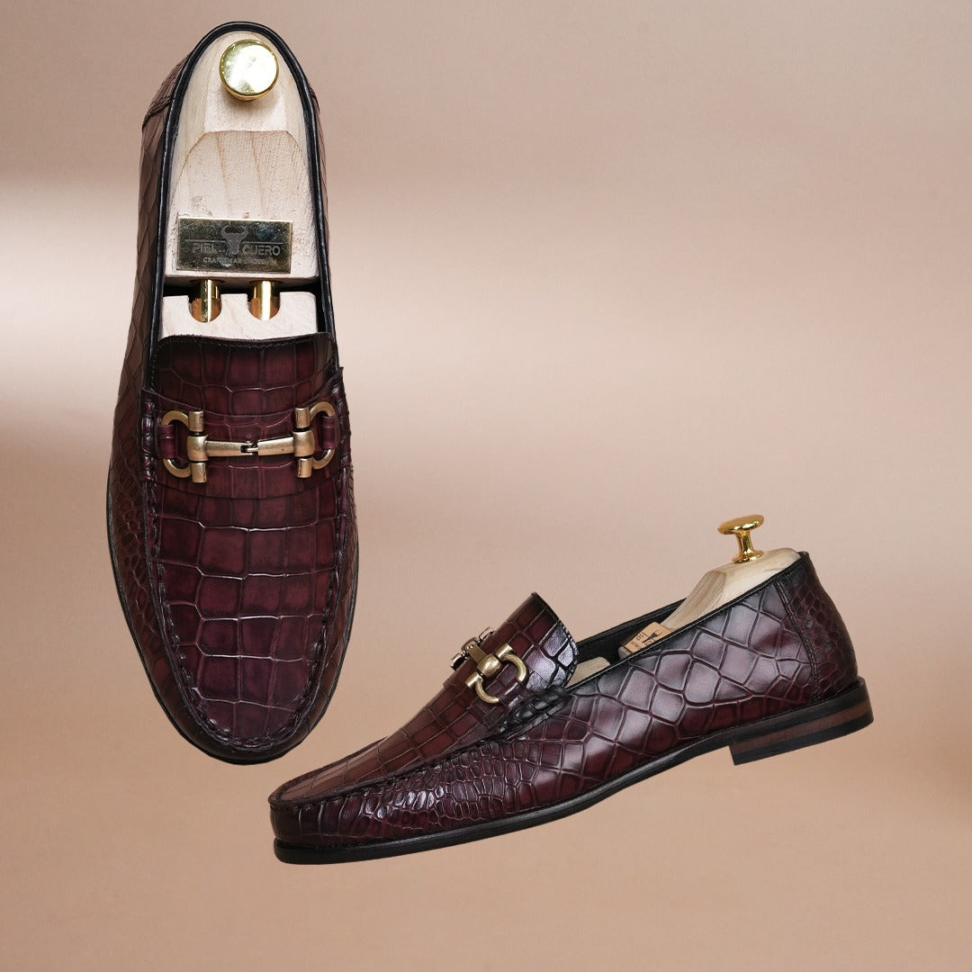Piel Cuero Men’s Genuine Leather Horsebit Loafers | Burgundy Croc Texture Formal Slip-On Shoes
