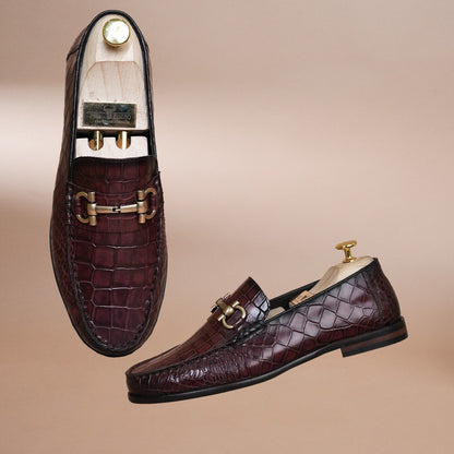 Piel Cuero Men’s Genuine Leather Horsebit Loafers | Burgundy Croc Texture Formal Slip-On Shoes