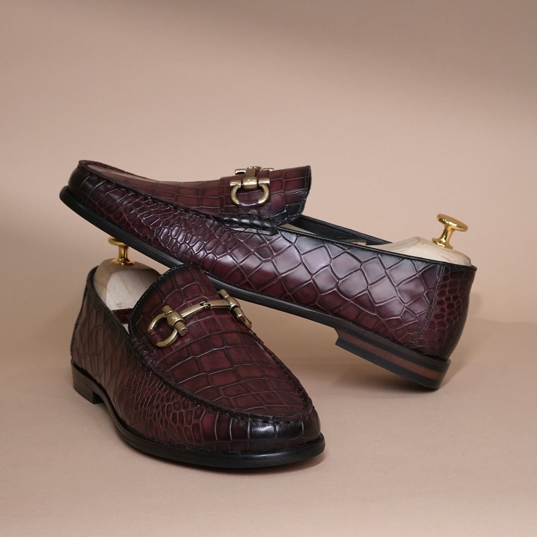 Piel Cuero Men’s Genuine Leather Horsebit Loafers | Burgundy Croc Texture Formal Slip-On Shoes