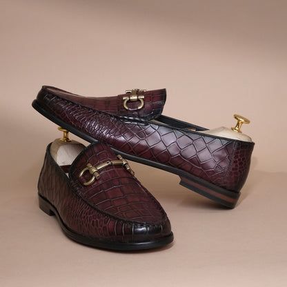 Piel Cuero Men’s Genuine Leather Horsebit Loafers | Burgundy Croc Texture Formal Slip-On Shoes