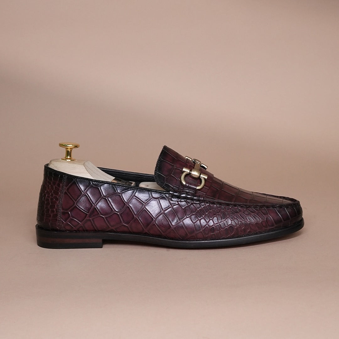 Piel Cuero Men’s Genuine Leather Horsebit Loafers | Burgundy Croc Texture Formal Slip-On Shoes