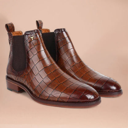 Piel Cuero Men’s Brown Deep Cut Croco Print Embossed Leather Chelsea Boots