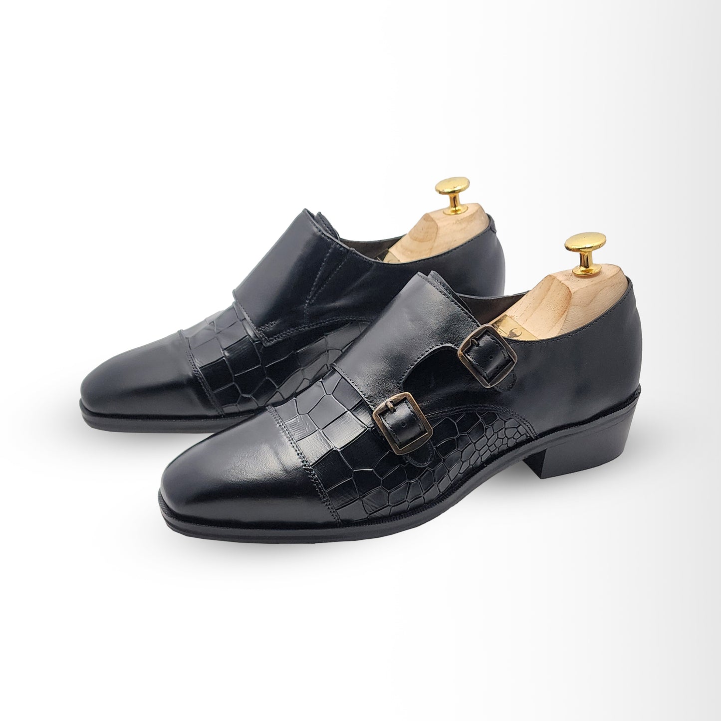 Men's Black Double Monk Strap Shoes | Crocodile-Embossed Leather