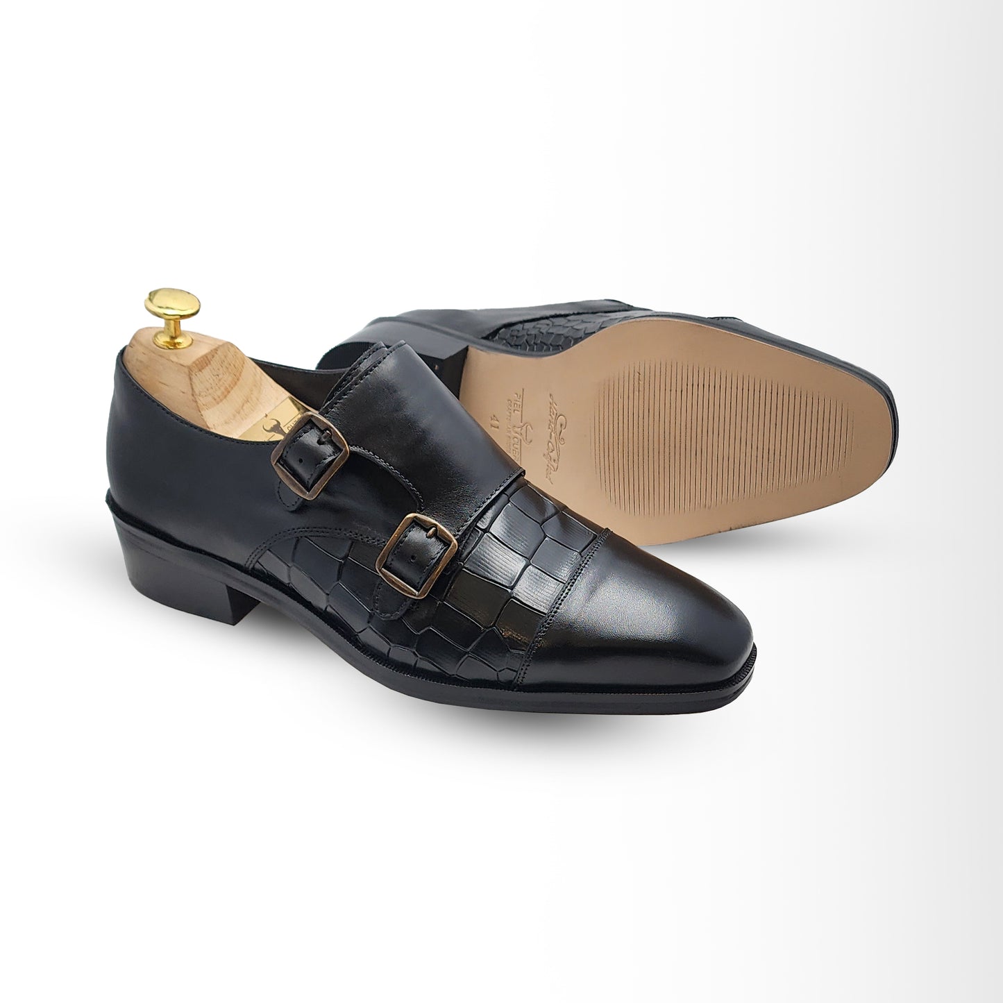 Men's Black Double Monk Strap Shoes | Crocodile-Embossed Leather