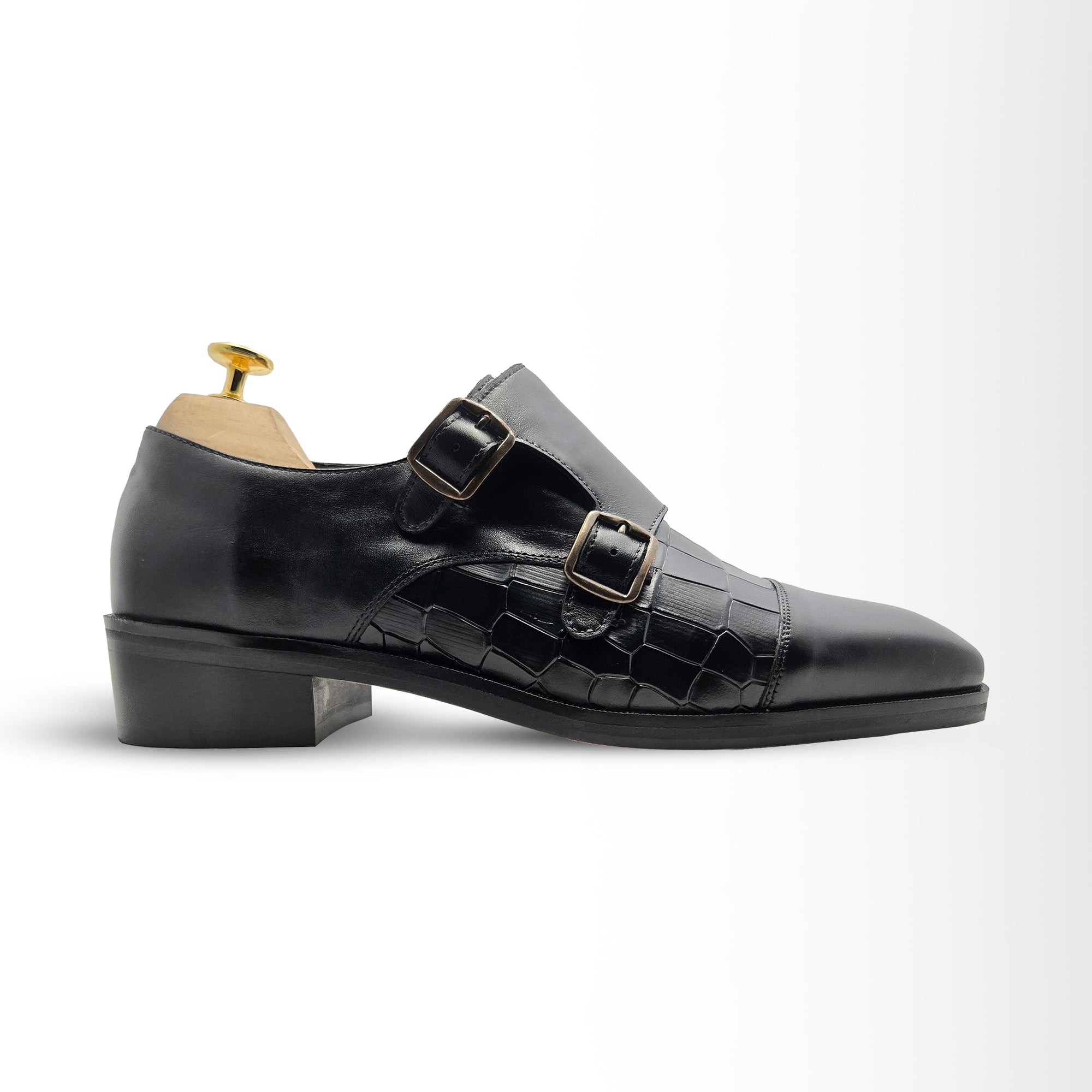 Men's Black Double Monk Strap Shoes | Crocodile-Embossed Leather