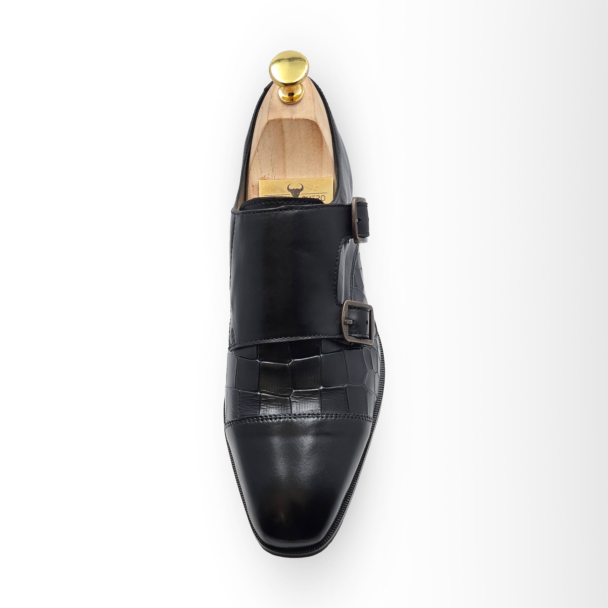 Men's Black Double Monk Strap Shoes | Crocodile-Embossed Leather