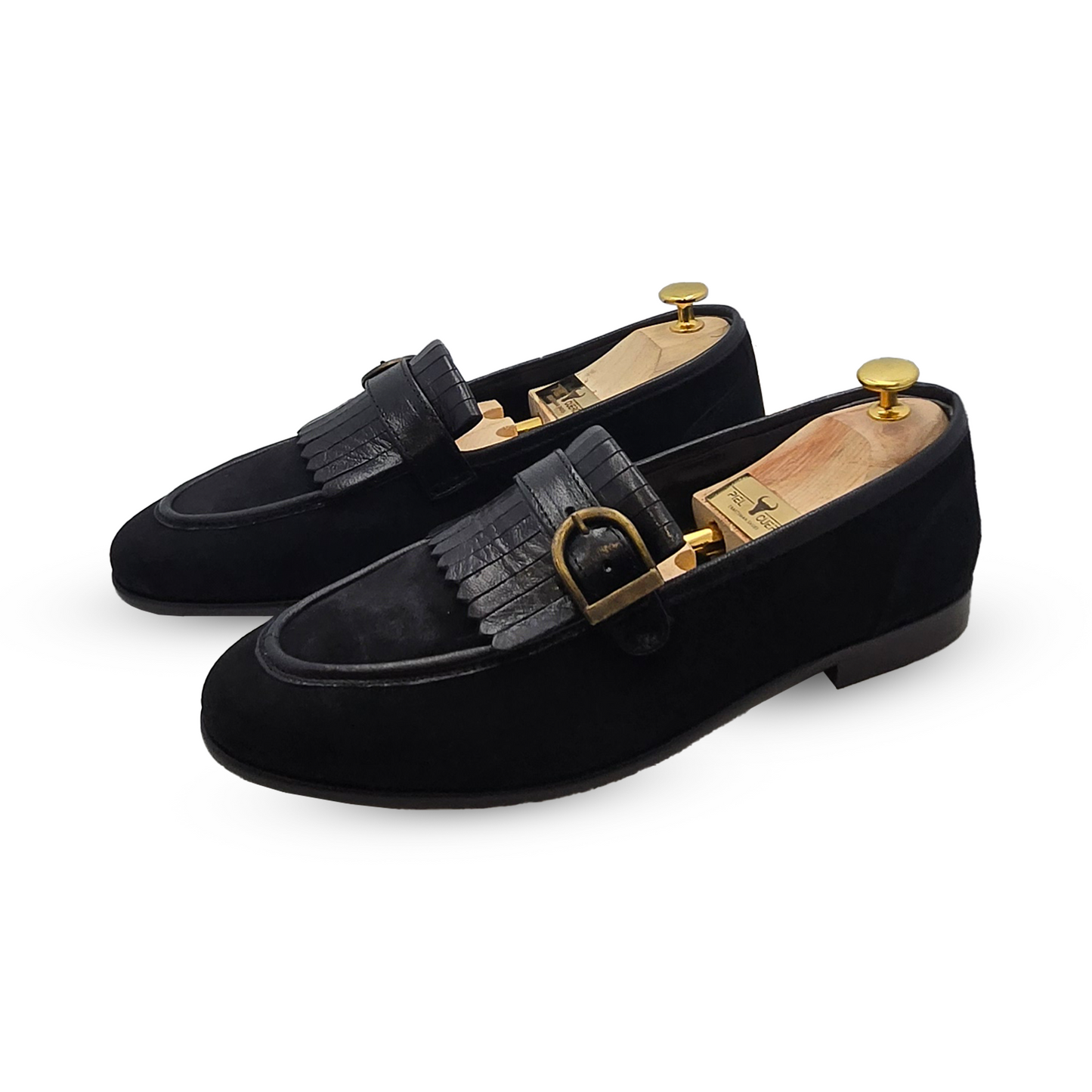 Men's Genuine Leather & Suede Fringe Tassel Loafers - Black Dress Slip-Ons