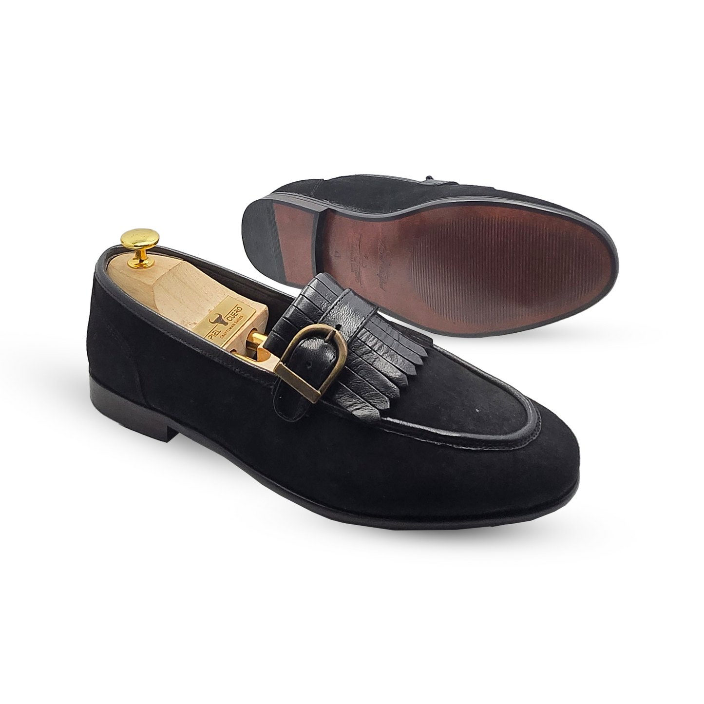 Men's Genuine Leather & Suede Fringe Tassel Loafers - Black Dress Slip-Ons