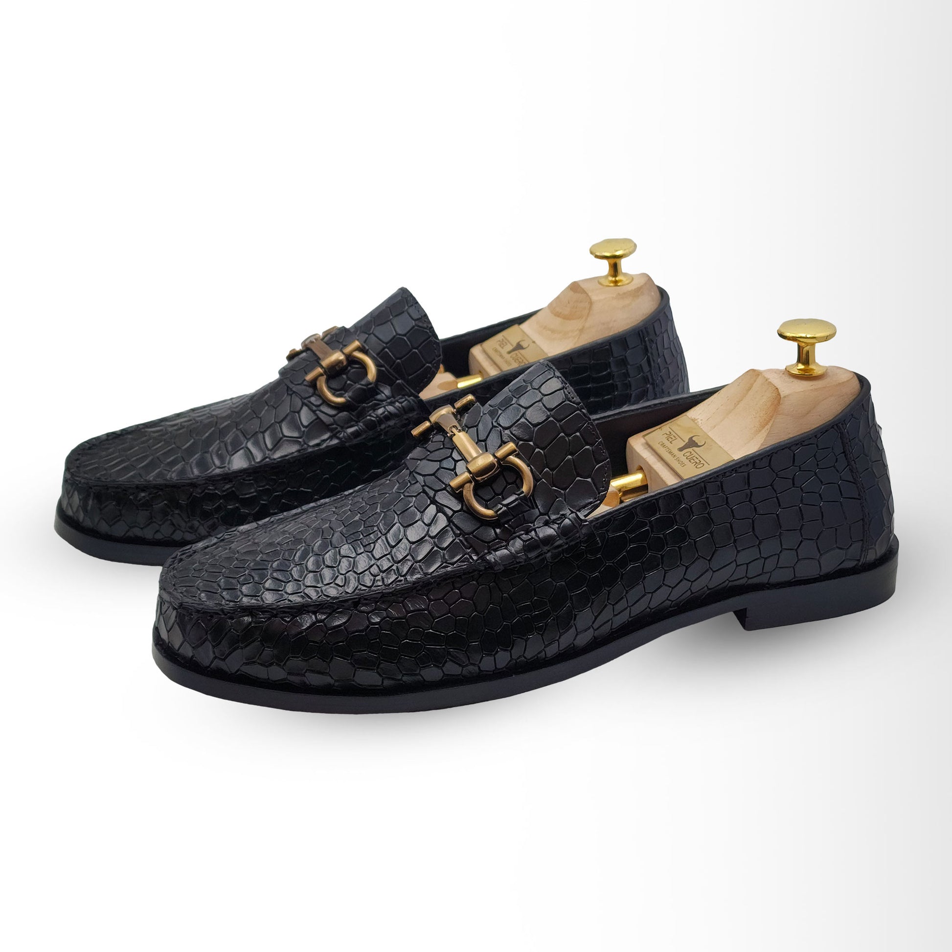 Piel Cuero Black Croc-Embossed Genuine Leather Horsebit Loafers - Men' Piel Cuero Black Croc-Embossed Genuine Leather Horsebit Loafers - Men'