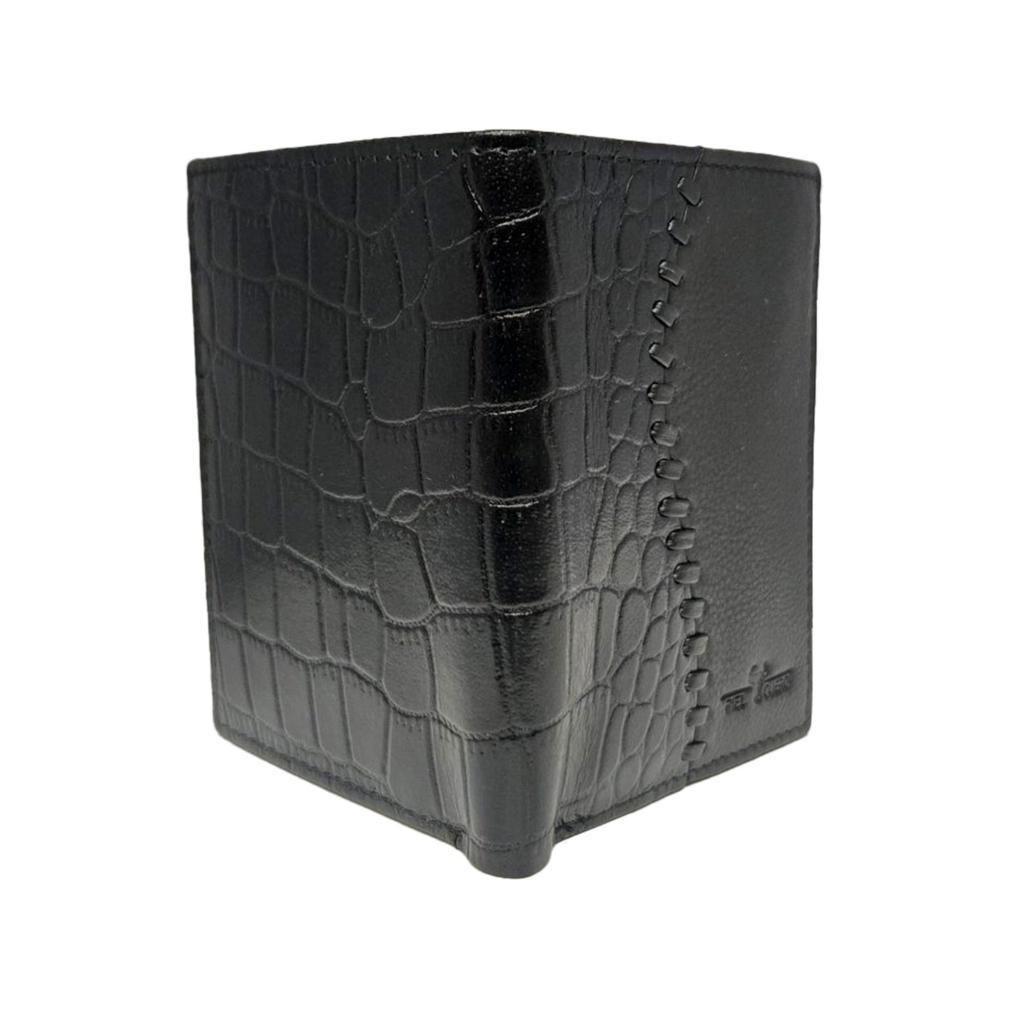Piel Cuero Premium Black Leather Men's Bifold Wallet with Croc Texture, Card Slots & ID Window