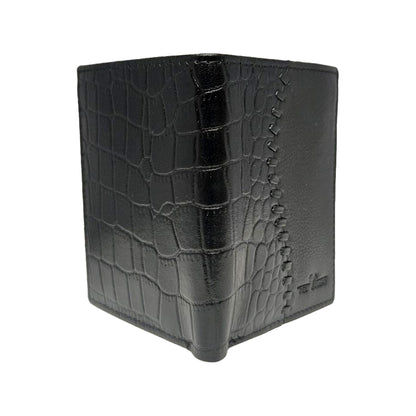Piel Cuero Premium Black Leather Men's Bifold Wallet with Croc Texture, Card Slots & ID Window