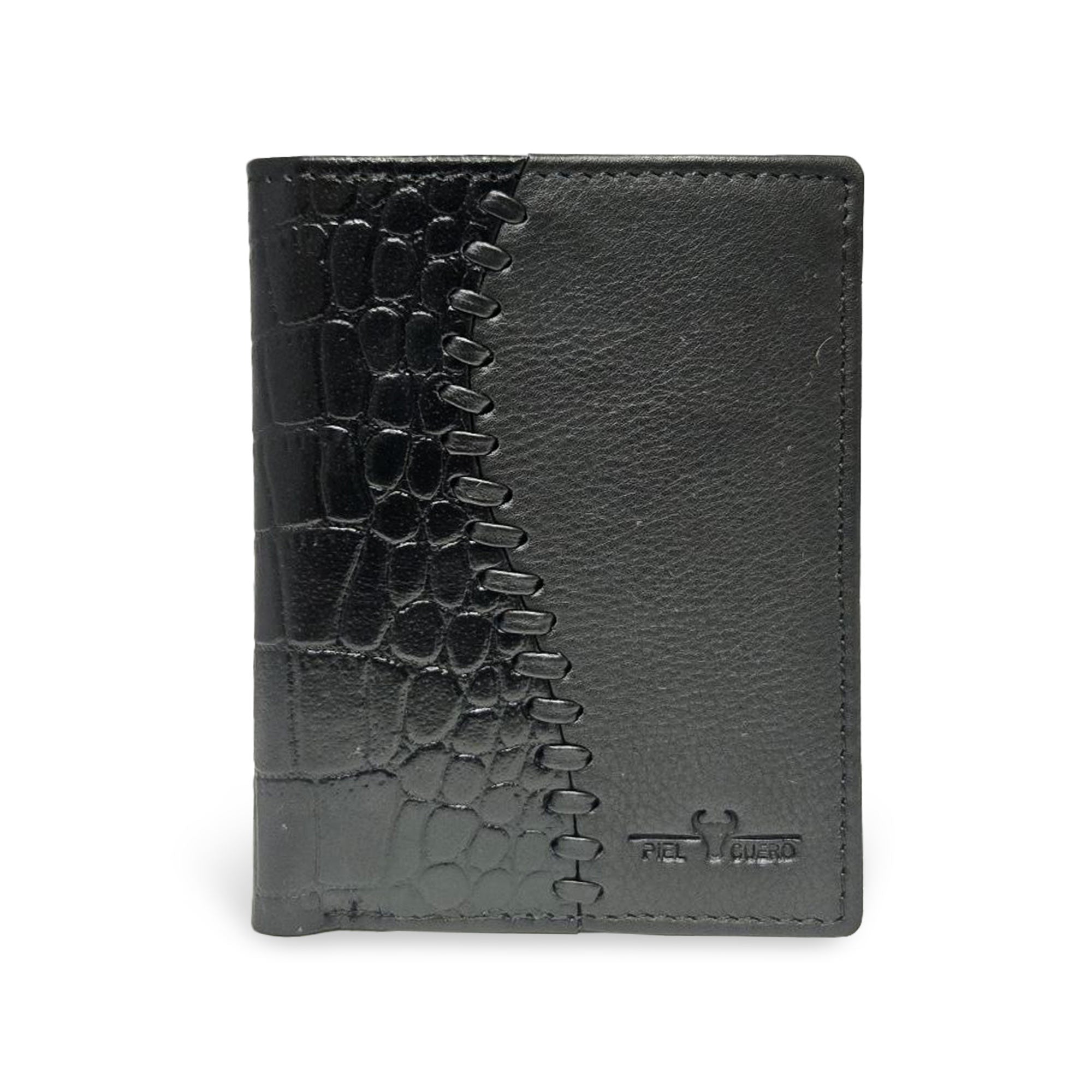 Piel Cuero Premium Black Leather Men's Bifold Wallet with Croc Texture, Card Slots & ID Window