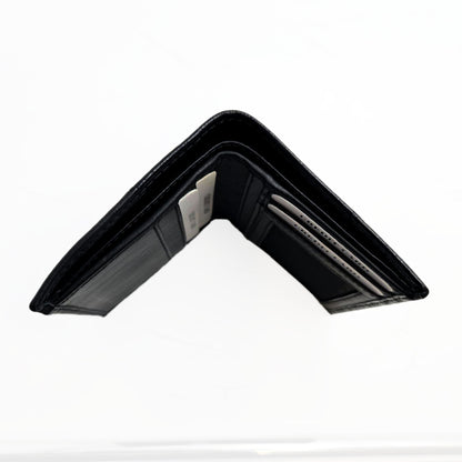 Piel Cuero Premium Black Leather Men's Bifold Wallet with Croc Texture, Card Slots & ID Window