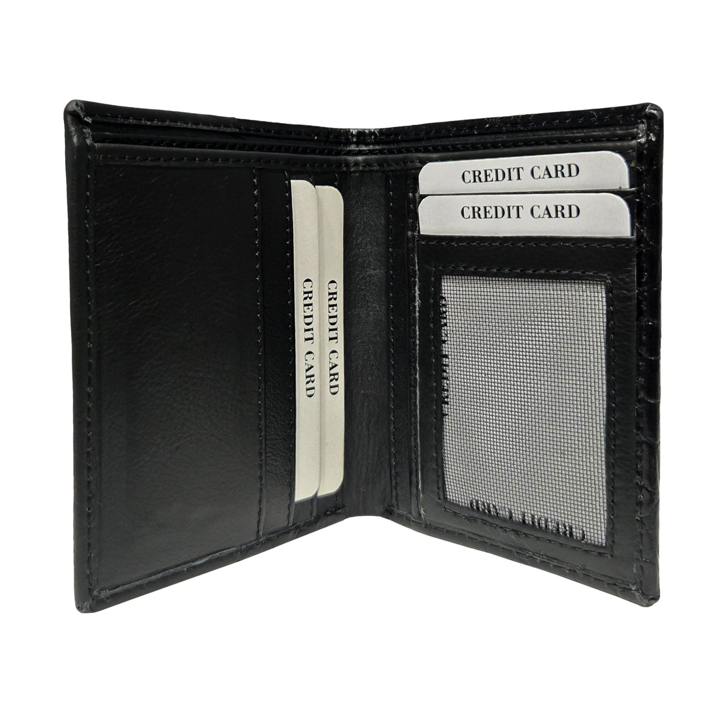 Piel Cuero Premium Black Leather Men's Bifold Wallet with Croc Texture, Card Slots & ID Window