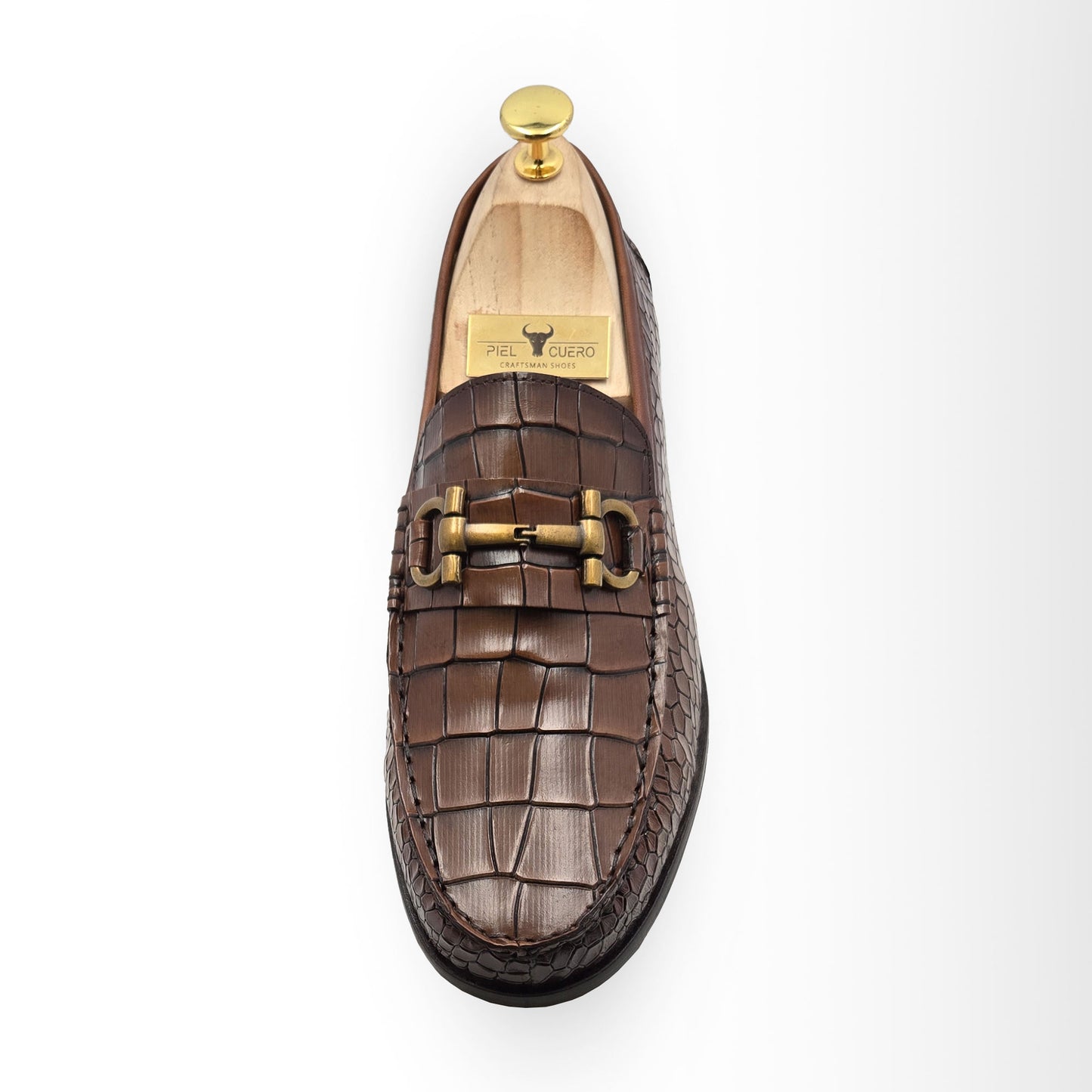 Piel Cuero Brown Leather Loafers: Crocodile Texture with Gold Buckle