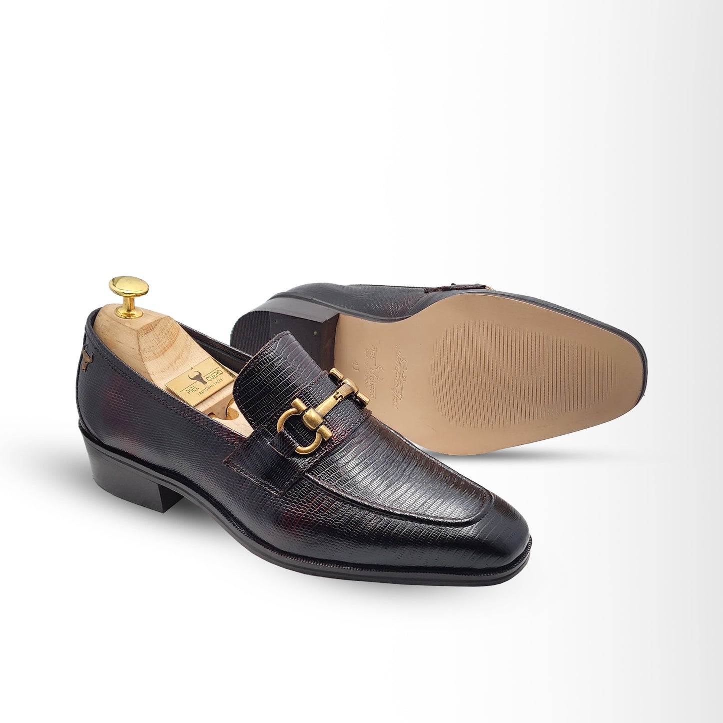 Men's Dark Brown Textured Leather Loafers with Gold Buckle by Piel Cuero