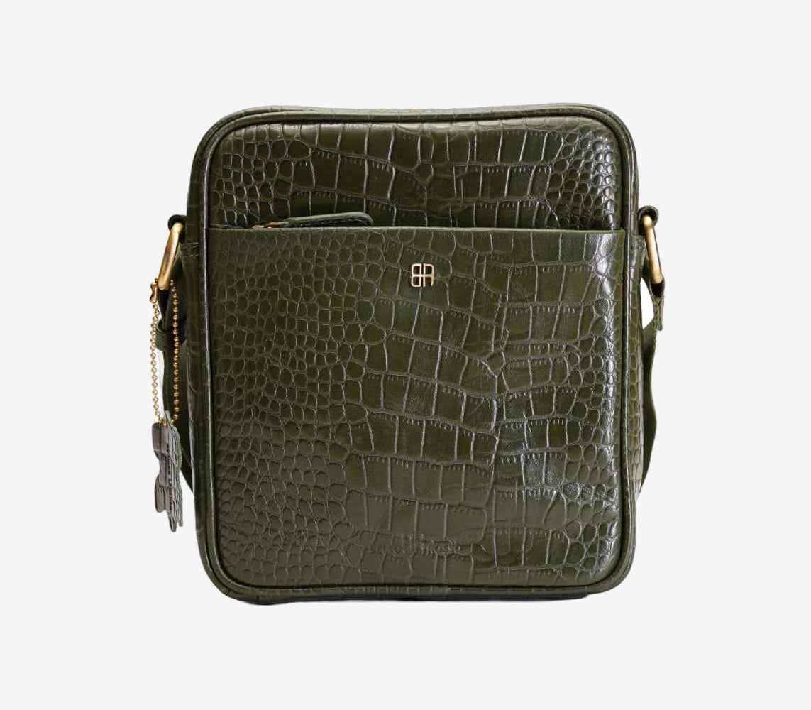 Green leather side bag with adjustable strap