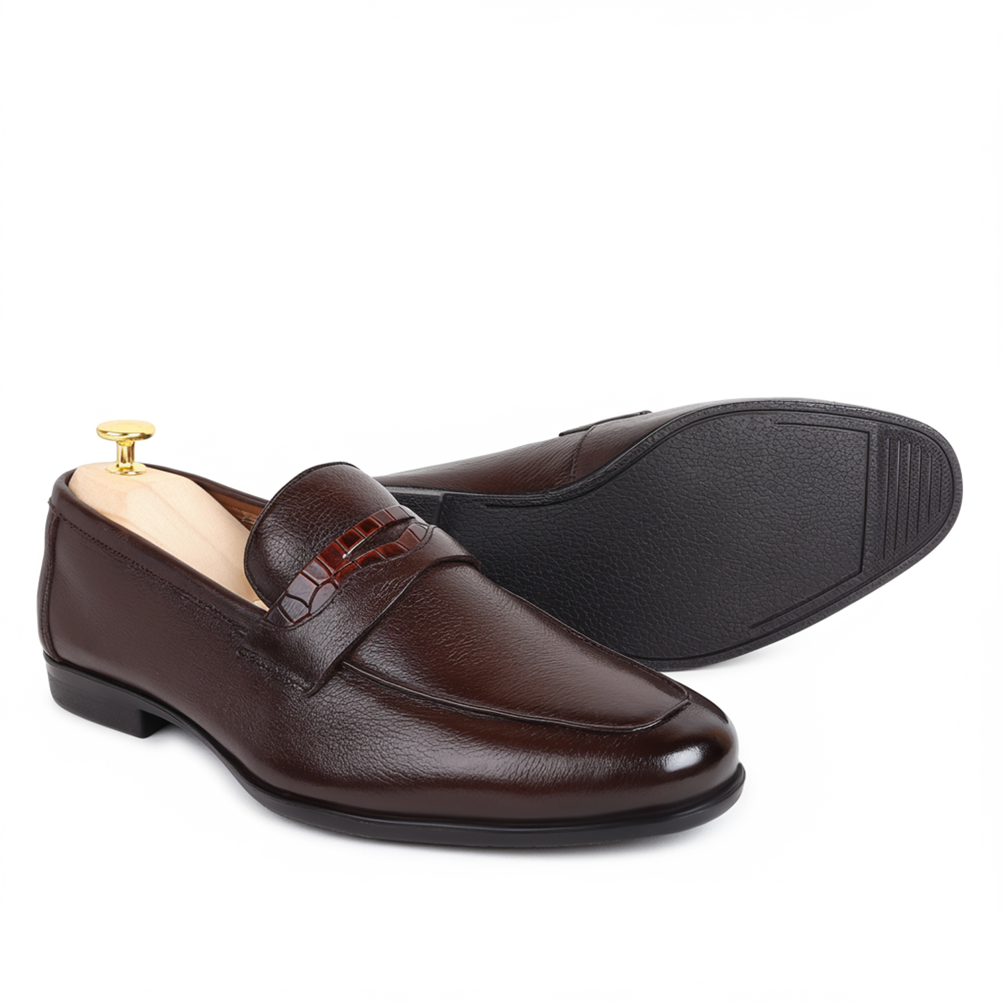 Piel Cuero Men’s Dark Brown Pebble‑Grain Leather Penny Loafers