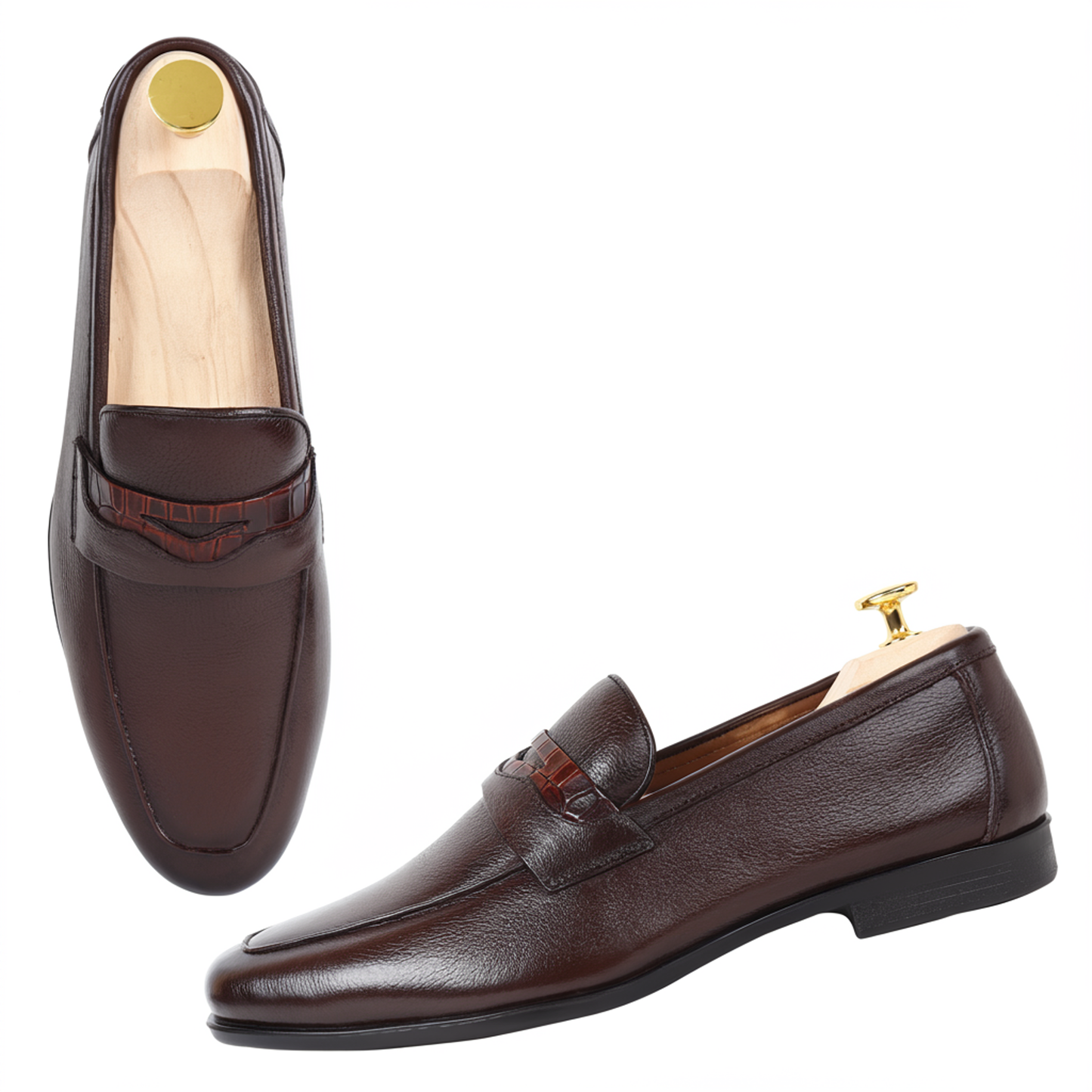 Piel Cuero Men’s Dark Brown Pebble‑Grain Leather Penny Loafers