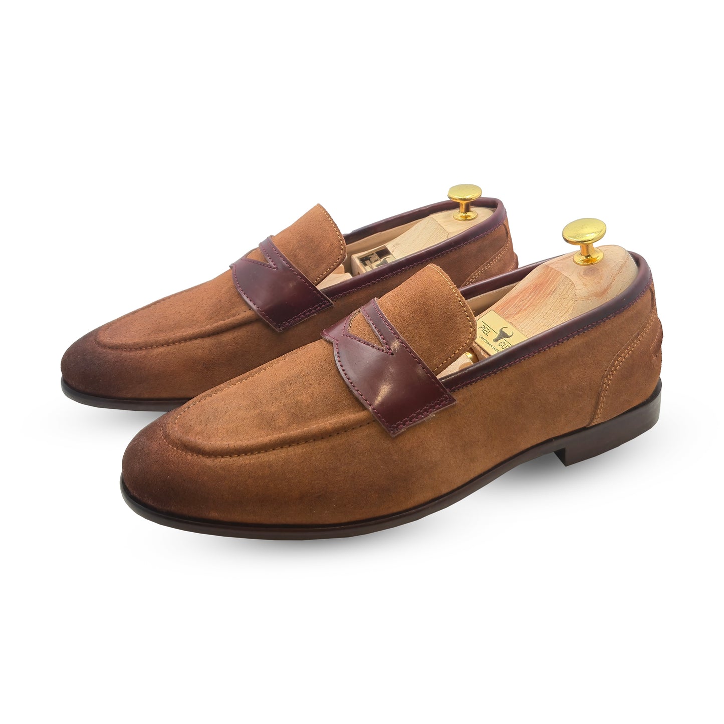 Men's Premium Tan Suede Penny Loafers with Burgundy Leather Strap - Genuine Leather Slip-Ons