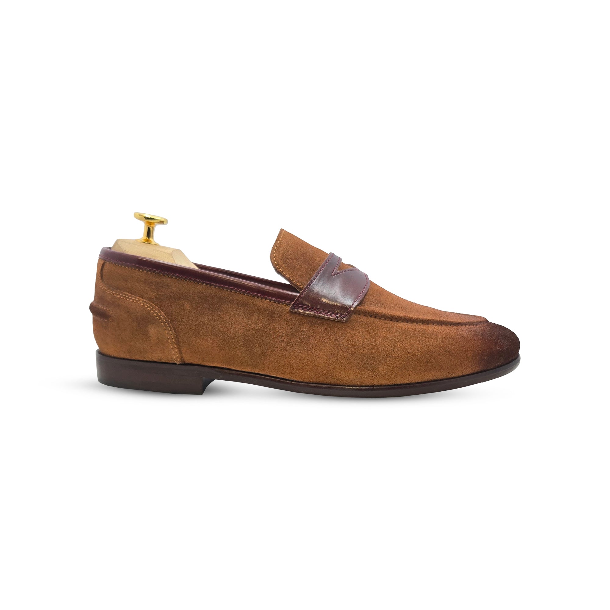Men's Premium Tan Suede Penny Loafers with Burgundy Leather Strap - Genuine Leather Slip-Ons